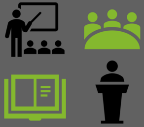 Piktogramme von Lehrpersonen, einem Pult und einem aufgeschlagenen Buch