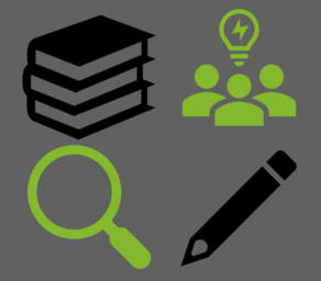 Piktogramme von Büchern, einem Stift, Köpfen und einer Lupe