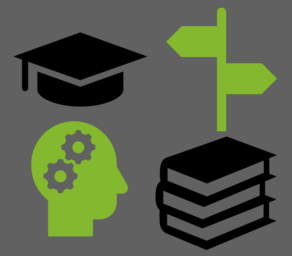 Piktorgramme eines Wegweisers, eines Kopfes, eines Buchstapels und eines Doktorhuts